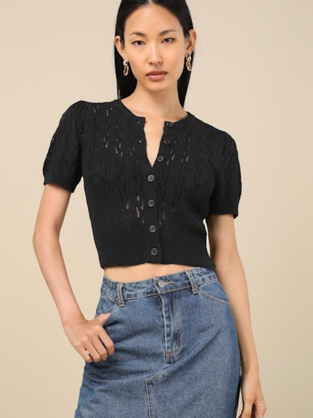 Lulus Annetta Black Pointelle Knit Button-front Crop Top - Size M